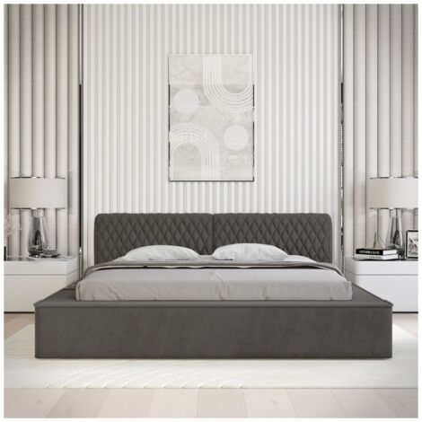 Lit coffre VERNON – Tissu chenille bouclé Anthracite profond – 160x200 cm – Sommier relevable – Design haut de gamme