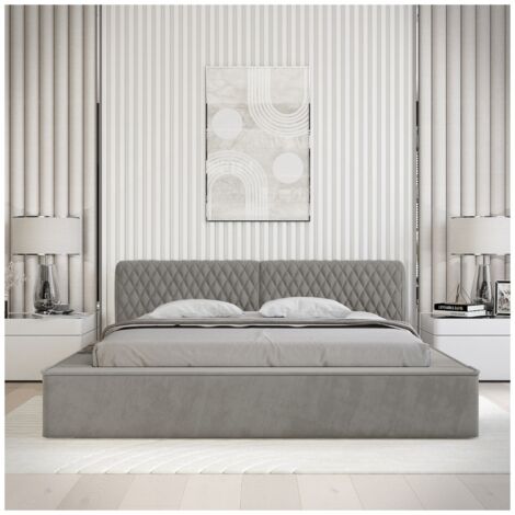 Lit coffre VERNON – Tissu chenille bouclé Cendre taupe – 140x200 cm – Sommier relevable – Design haut de gamme