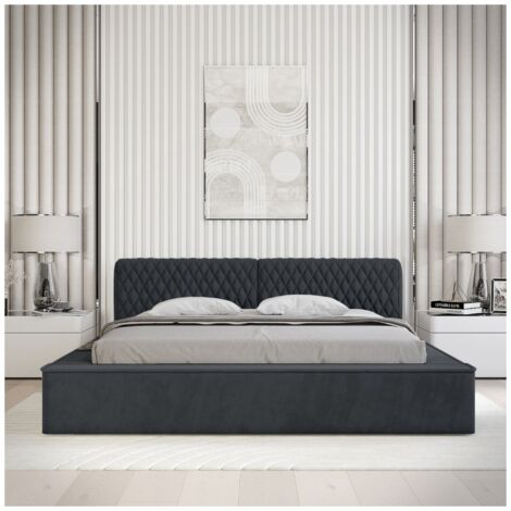 Lit coffre VERNON – Tissu chenille bouclé Charbon bleu – 140x200 cm – Sommier relevable – Design haut de gamme