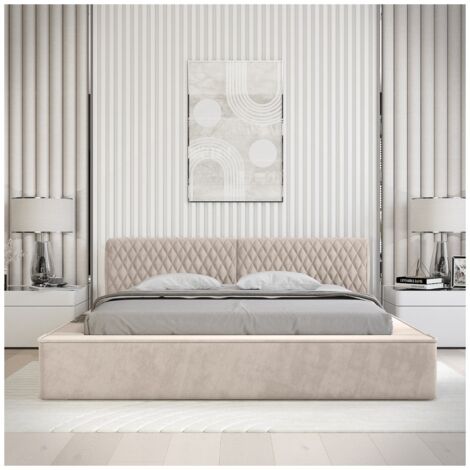 Lit coffre VERNON – Tissu chenille bouclé Sable rosé – 180x200 cm – Sommier relevable – Design haut de gamme