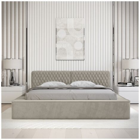 Lit coffre VERNON – Tissu chenille bouclé Taupe fumé – 140x200 cm – Sommier relevable – Design haut de gamme