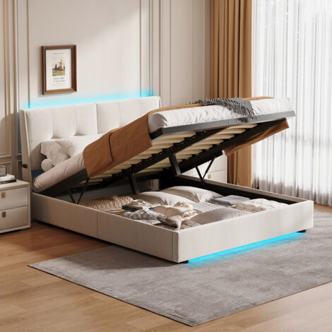 lit coffre160 x 200 cm, lit 2 places avec LED réglable, lit adultes avec levier hydraulique, tête de lit capitonné, cadre de lit à lattes, velours, beige