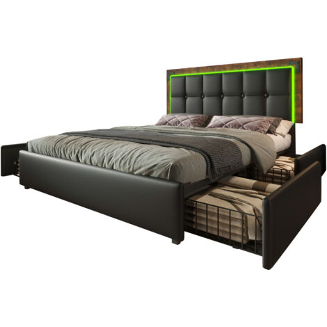 Lit coffre160x200 cm Lit capitonné double en PU avec 4 tiroirs et LED  avec tête de lit réglable en hauteur - Sommier inclus -  Noir