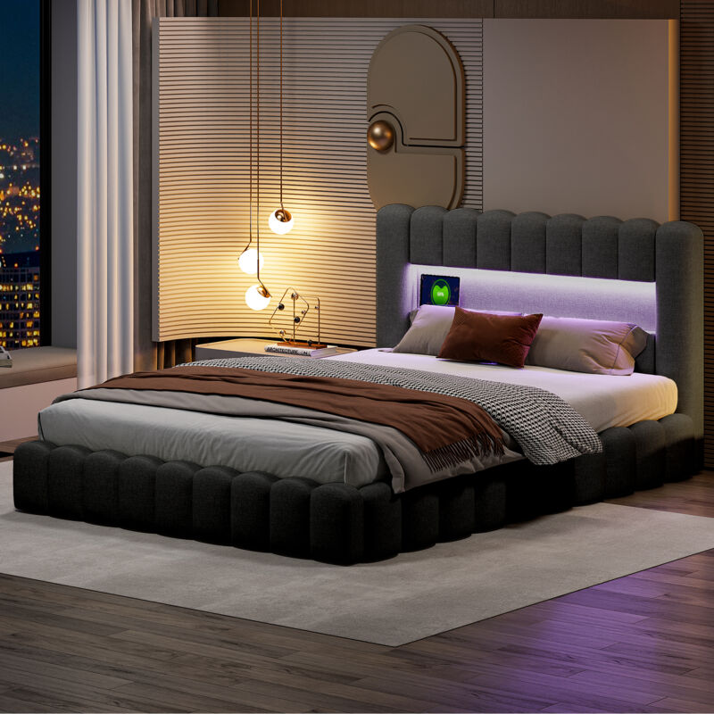 lit coffre160x200cm, Lit double capitonné avec tête de lit LED, sommier à lattes, matelas encastrable(Matelas non inclus), lin, gris