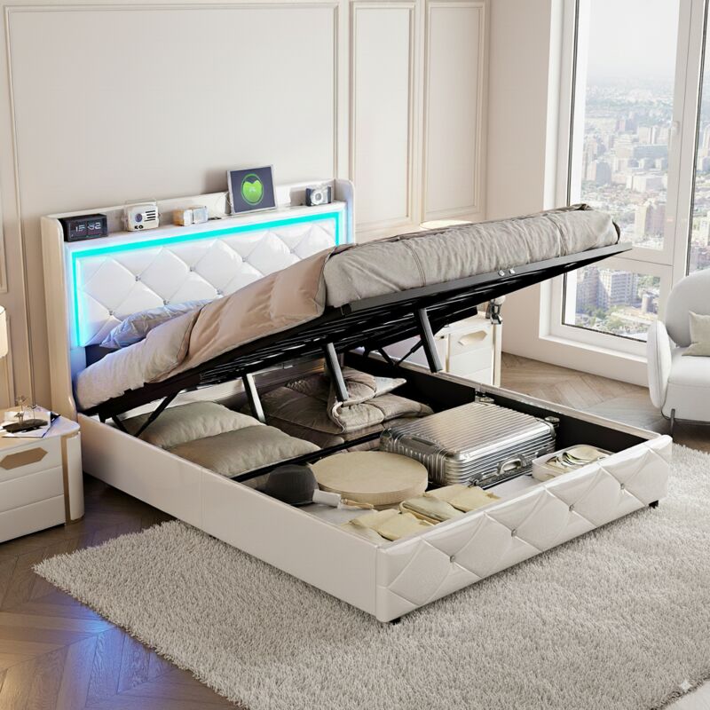 Lit coffre140x200cm, tête de lit décorative losanges, Lit double avec port de recharge UBS et éclairage LED, Rangements, sommier à lattes, cadre de