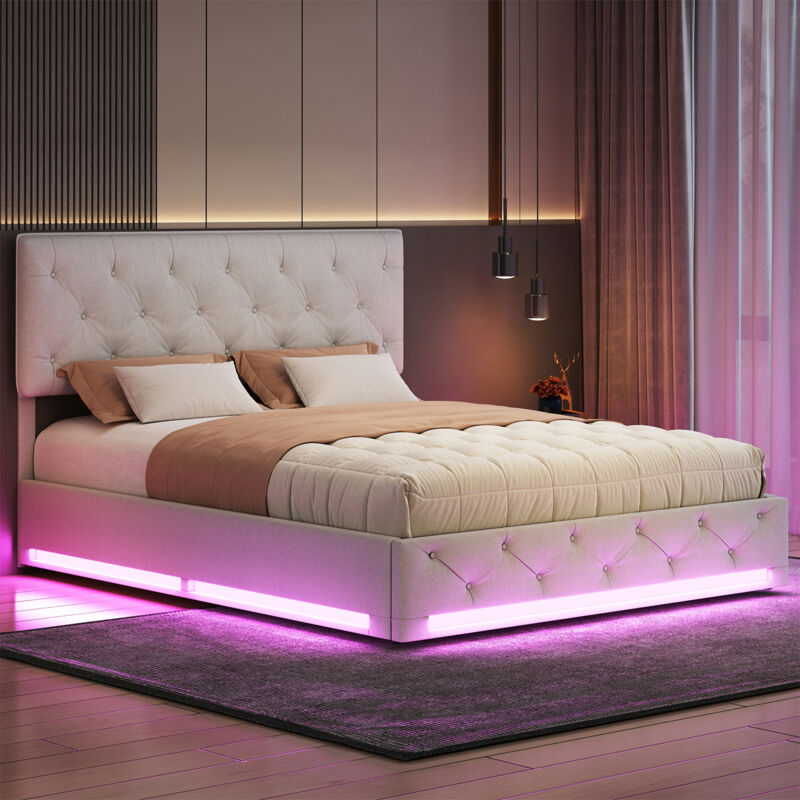 Lit Coffre,Lit Adulte 140x200 cm,Lit Double Avec Rangement,Lit Flottant Avec LED,Sommier à Lattes,Tête De Lit Réglable,Bande Lumineuse led Réglable,