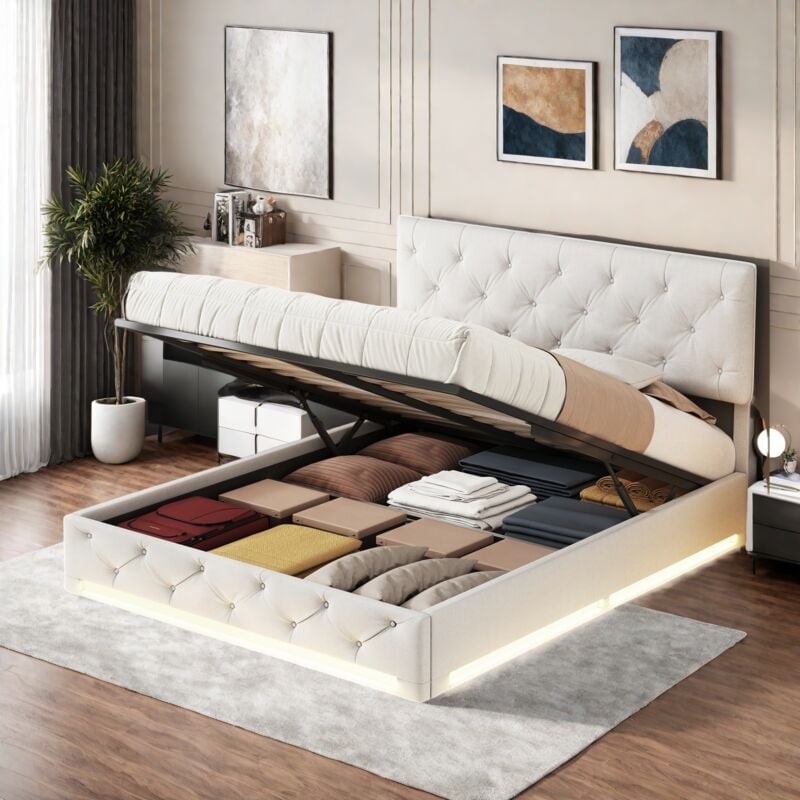 Lit Coffre, Lit Adulte 160x200 cm,Lit Double Avec Rangement,Lit Flottant Avec LED,Sommier à Lattes,Tête De Lit Réglable,Bande Lumineuse led Réglable,
