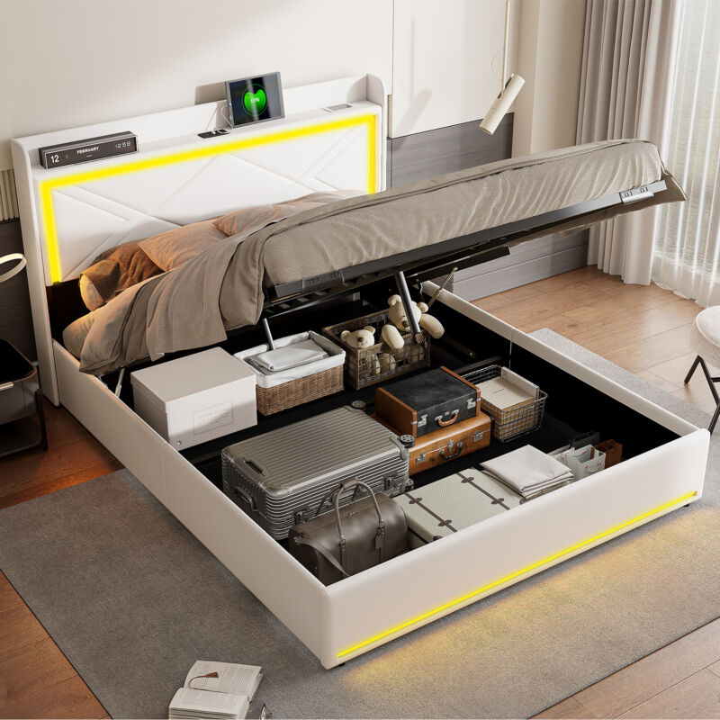Lit coffre 160x200,lit 160x200 avec sommier,lit double,avec led et usb, sommier à lattes, pu, ​​blanc