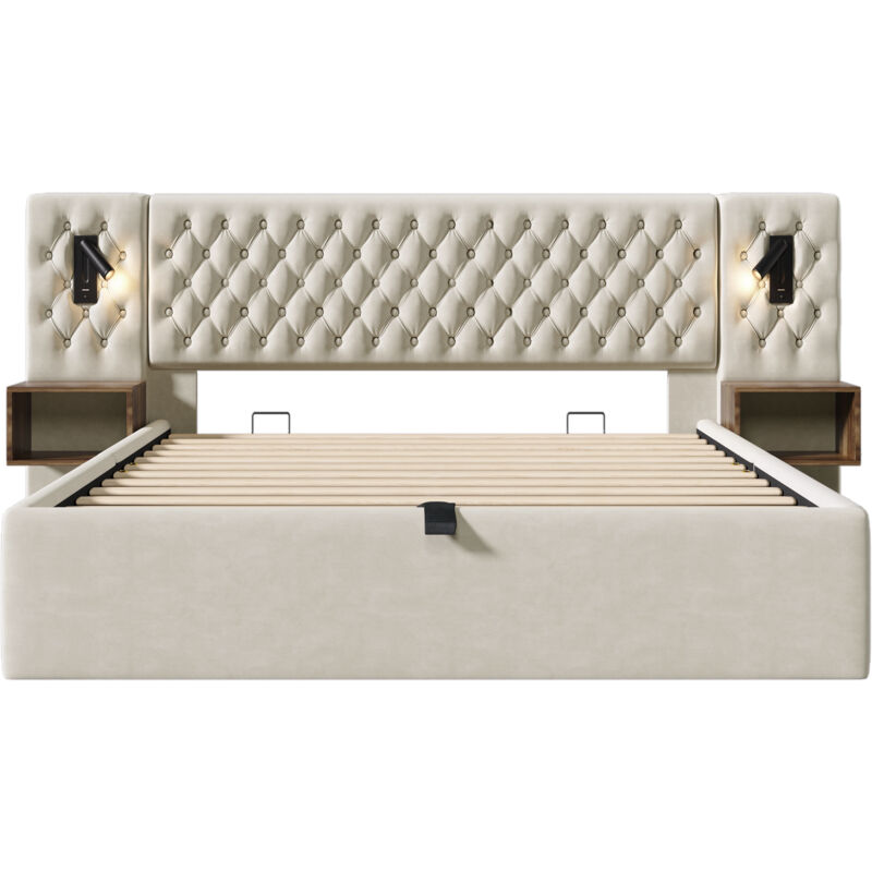 Lit coffre,lit double,lit adulte 160x200 avec lumière et fonction de chargement USB, lit capitonné - velours,Beige