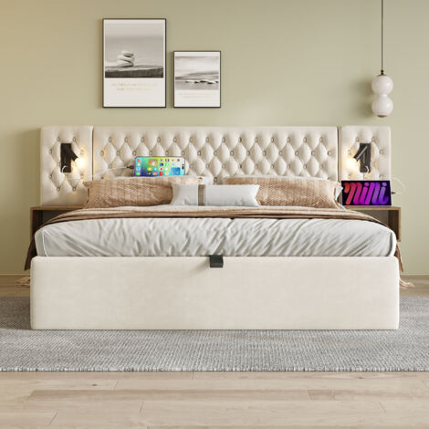 Lit coffre,lit double,lit adulte 180x200 avec lumière et fonction de chargement USB, lit capitonné - velours,Beige