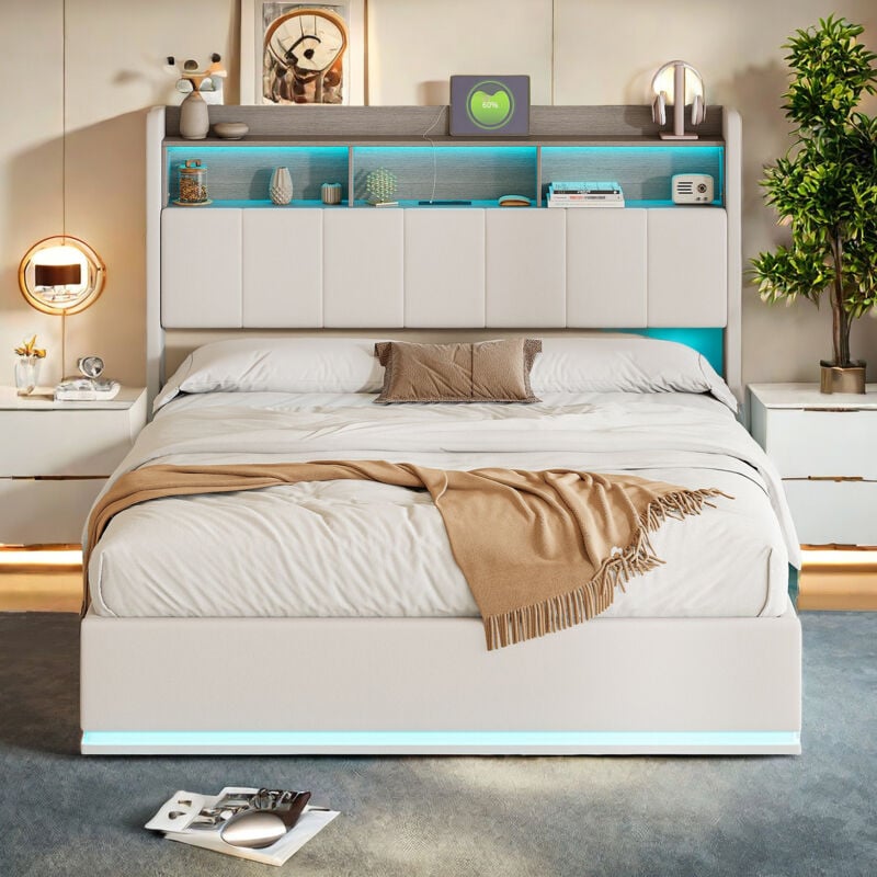 Sureh - Lit Coffre 160x200 cm, lit adulte capitonné, Lit double avec led Réglable, Lit rembourré avec tête de lit avec rangement, Sommier à Lattes,