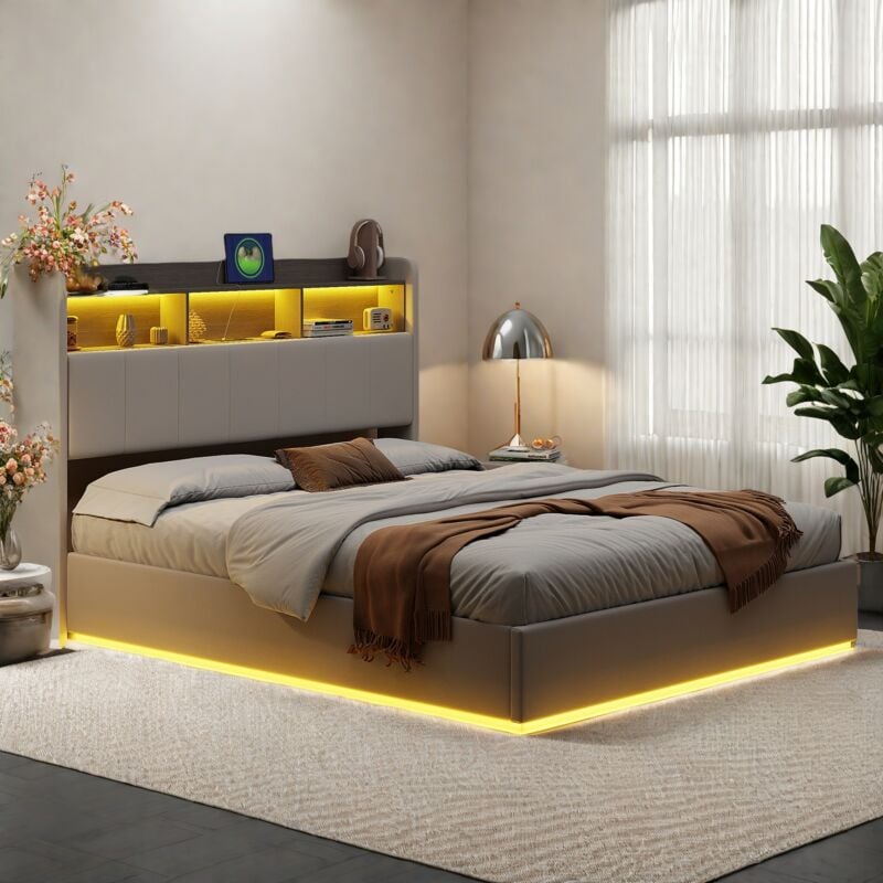 Lit Coffre 140x200 cm, lit adulte capitonné, Lit double avec led Réglable, Lit rembourré avec tête de lit avec rangement, Sommier à Lattes, Port de