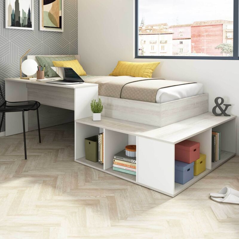 Vente-unique - Lit combiné 90 x 200 cm avec rangements et bureau - Coloris : Naturel et Blanc - rigali