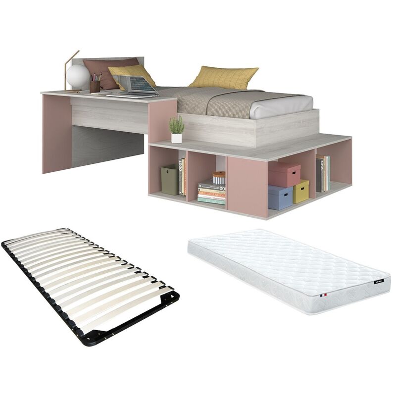 Vente-unique - Lit combiné 90 x 200 cm avec rangements et bureau - Coloris : Naturel et rose + Sommier + Matelas - rigali