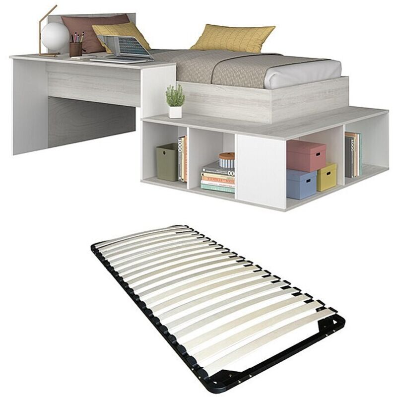 Vente-unique - Lit combiné 90 x 200 cm avec rangements et bureau - Coloris : Naturel et blanc + Sommier - rigali
