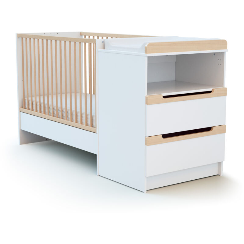 Combiné lit bébé évolutif en bois carrousel Blanc et Hêtre Verni 60 x 120 cm - Blanc et Hêtre Verni - AT4