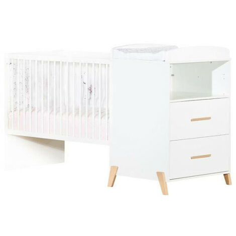 Lit Combiné - 120x60cm - Evolutif en 90x190cm - Babyprice Joy Naturel - Blanc sur pieds en bois naturel