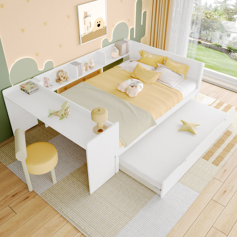 Lit combiné 140×200 cm, Lit Double avec Bureau, Lit gigogne 90×190 cm, Étagères et Table de Nuit, sans Matelas, Blanc
