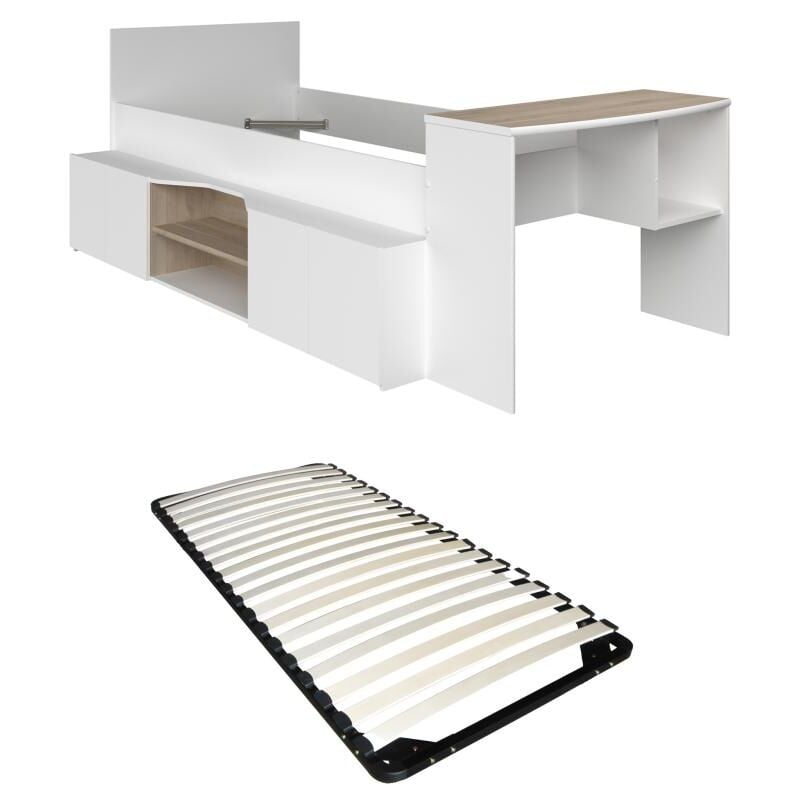 Vente-unique - Lit combiné 90 x 190/200 cm avec bureau et rangements - Blanc et naturel + Sommier - jochiane