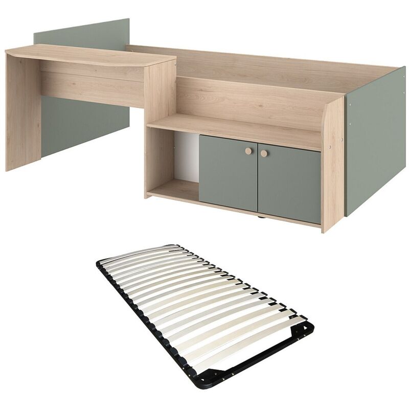 Lit combiné 90 x 190/200 cm - Coloris : Naturel et vert + Sommier - MIVONA