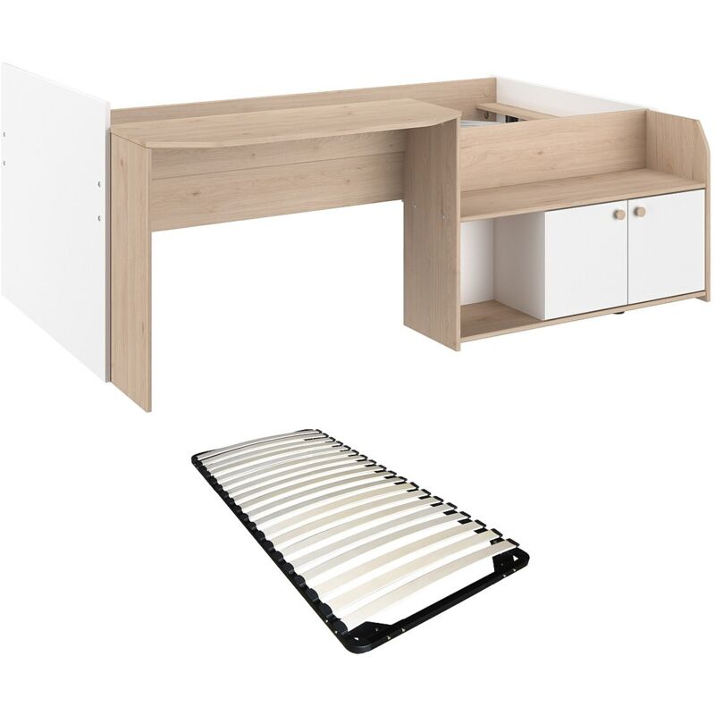 Lit combiné 90 x 190/200 cm - Coloris : Naturel et blanc + Sommier - MIVONA