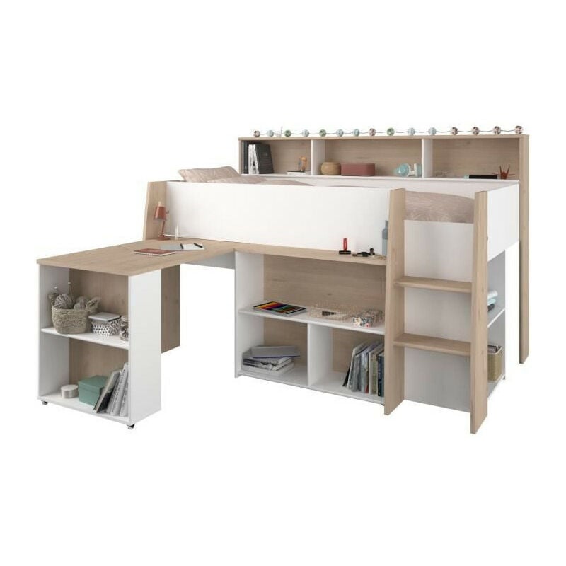 Vente-unique - parisot Lit combiné enfant avec bureau rétractable - Décor blanc et chene - 90x 200 cm - Sommier inclus -theo