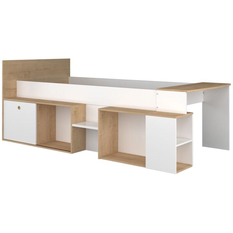 Vente-unique - Lit combiné 90 x 200 cm avec bureau et rangements - Blanc et naturel - paloma