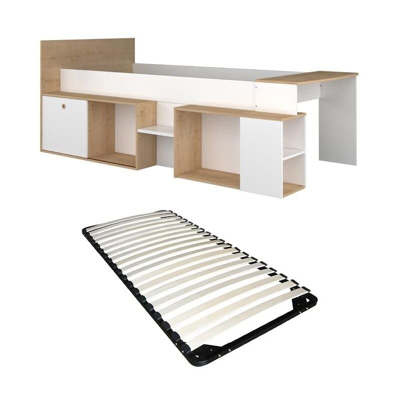 Vente-unique - Lit combiné 90 x 200 cm avec bureau et rangements - Blanc et naturel + Sommier - paloma