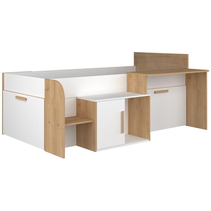 Vente-unique - Lit combiné 90 x 200 cm avec bureau et rangements - Coloris : Blanc et naturel - pedro