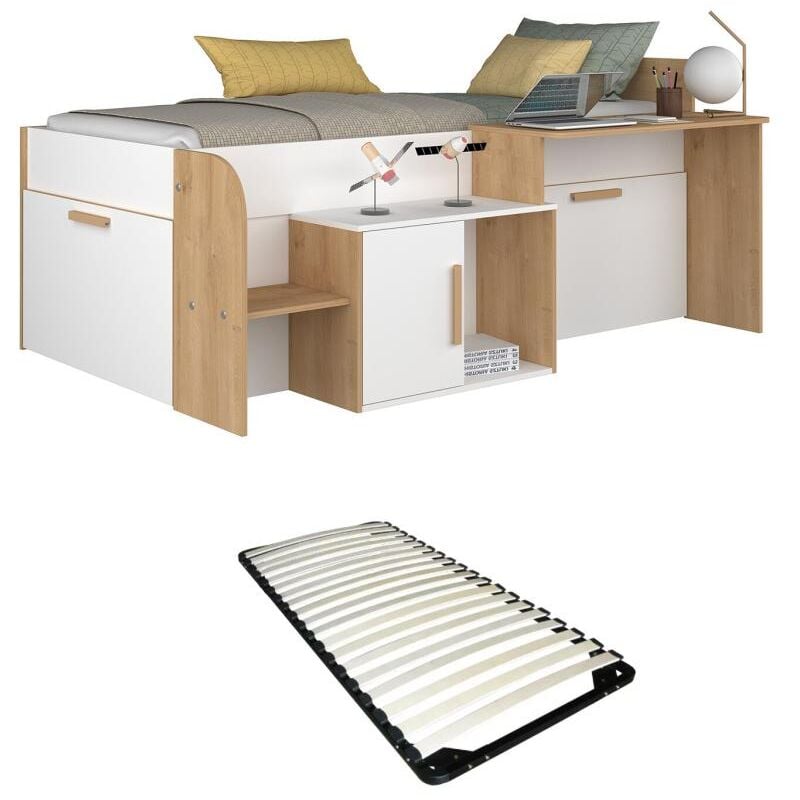 Vente-unique - Lit combiné 90 x 200 cm avec bureau et rangements - Coloris : Blanc et naturel + Sommier - pedro