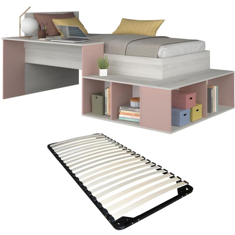 Lit combiné 90 x 200 cm avec rangements et bureau - Coloris : Naturel et rose + Sommier - RIGALI