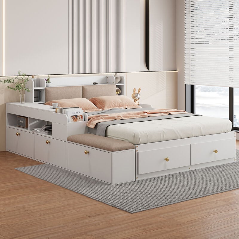 Lit modulable, lit coffre 140x200, tête de lit avec rangement intégré, avec tiroirs, tables de chevet, avec pouf, blanc, sans matelas