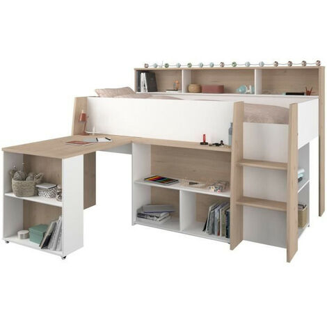 Lit combiné 90x200 cm avec bureau rétractable – Panneau de particule mélaminé – 10 niches de rangement intégrées – Charge max 80 kg – Parisot