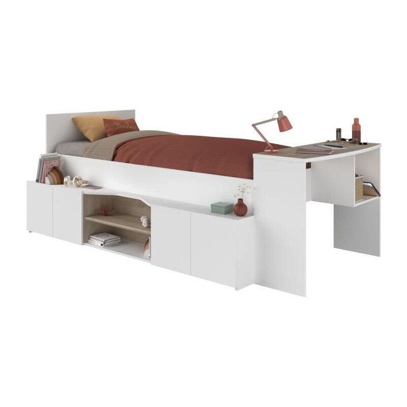 Parisot - Lit combiné enfant avec rangements et bureau CLoe - 90 x 200 cm - Décor blanc et chene