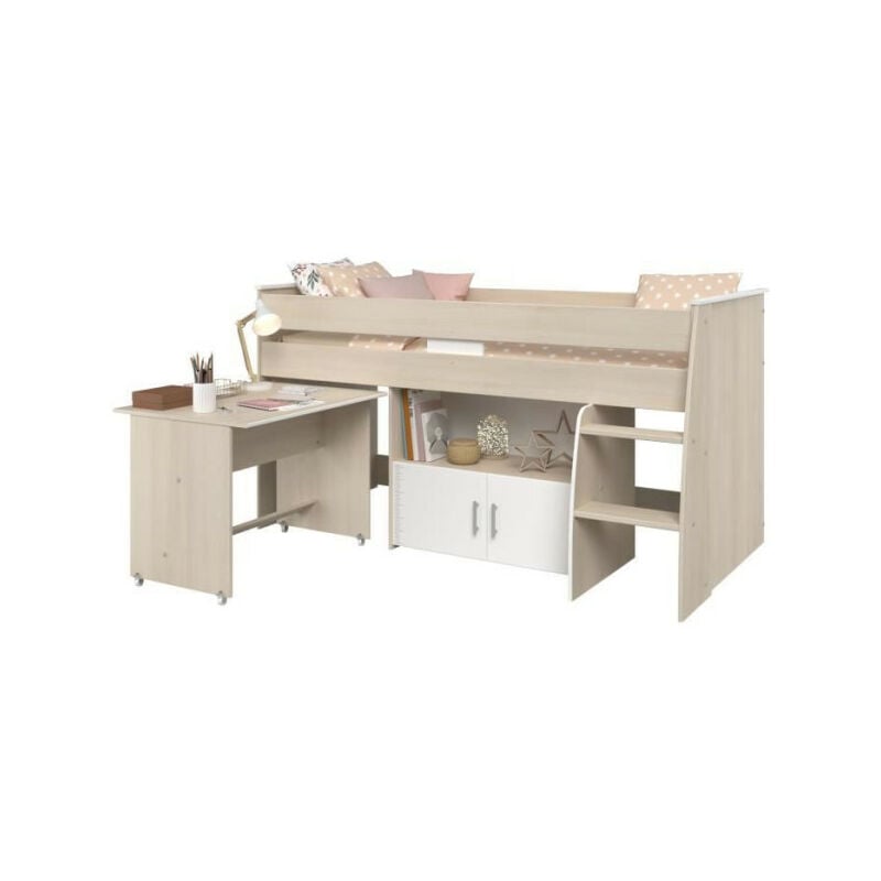 Lit combiné enfant Parisot zola 90x200 cm - 2 portes - Avec bureau - Décor acacia clair et blanc