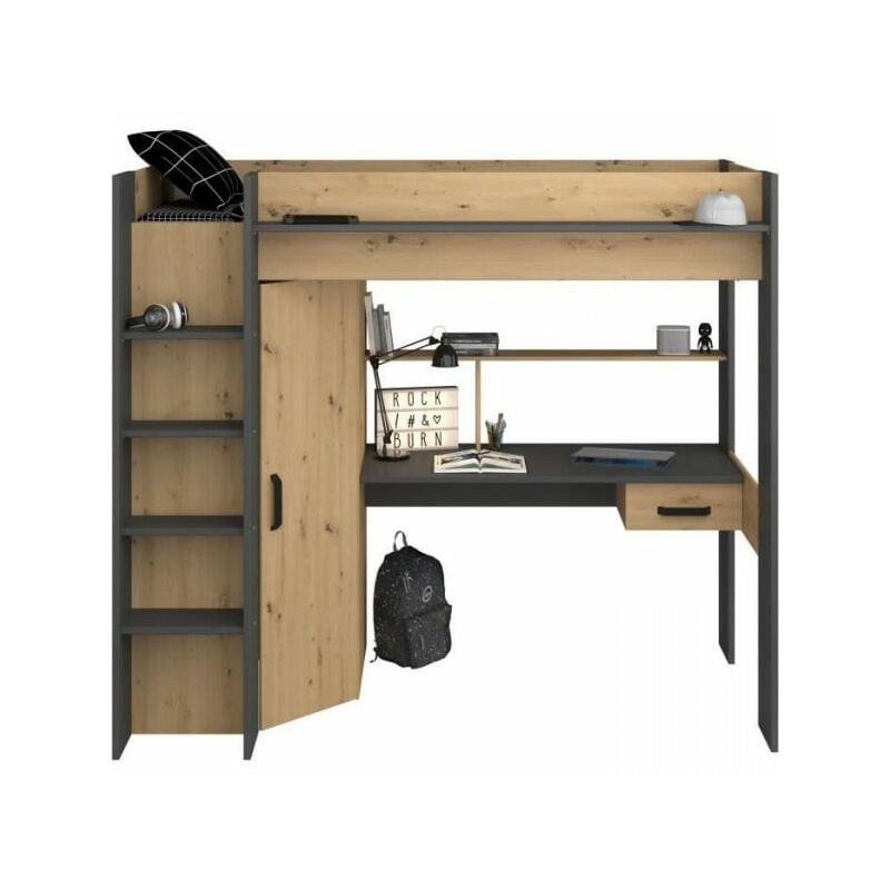 Parisot - Lit combiné mezzanine enfant high - Chene et gris - Sommier inclus - 90 x 200 cm