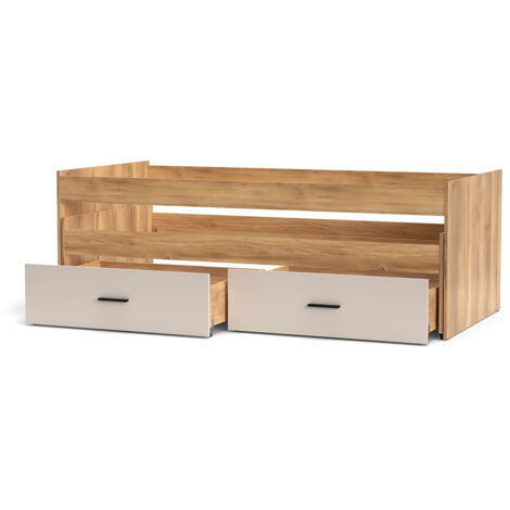 Lit compact simple + Lit gigogne avec 2 tirois à roulettes coloris Beige/chêne Mauvella - Longueur 202,6 x Hauteur 72 x Profondeur 98 cm