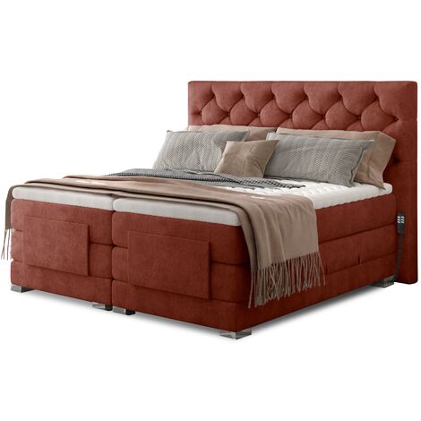 Lit continental électrique tissu rouge tomette avec matelas et surmatelas Karmen-180x200