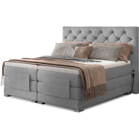 Lit continental électrique velours gris clair avec matelas et surmatelas Karmen-180x200