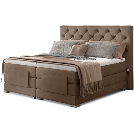 Lit continental électrique velours marron clair avec matelas et surmatelas Karmen-160x200