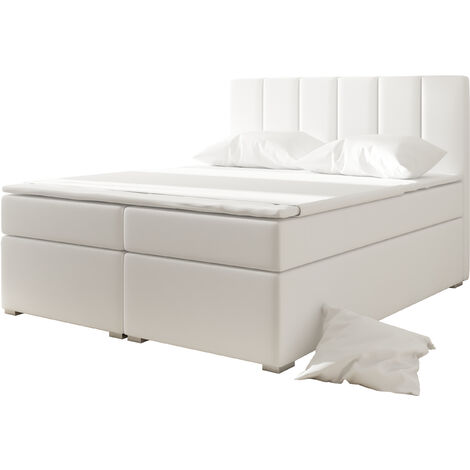 Lit continental simili cuir blanc avec matelas et surmatelas Louna-140x200