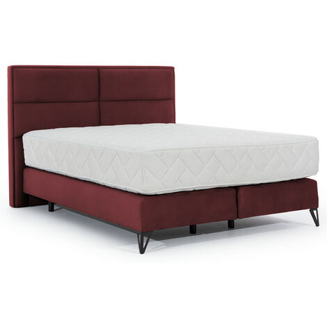 Lit continental velours bordeaux Tiempo avec matelas 30cm en latex et pied metal noir-180x200