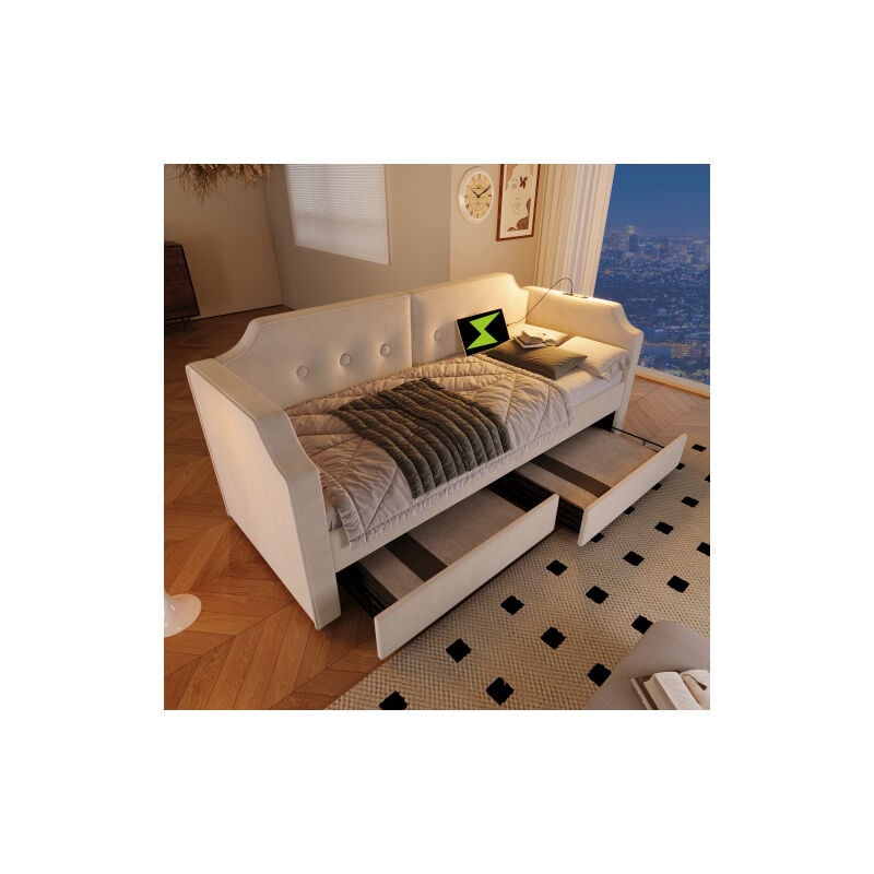 Lit convertible 90x200 cm avec éclairage de lecture USB-Type-C, Canapé-lit Lit de jour avec 2 tiroirs de rangement, lit d'enfant Lit d'adolescent