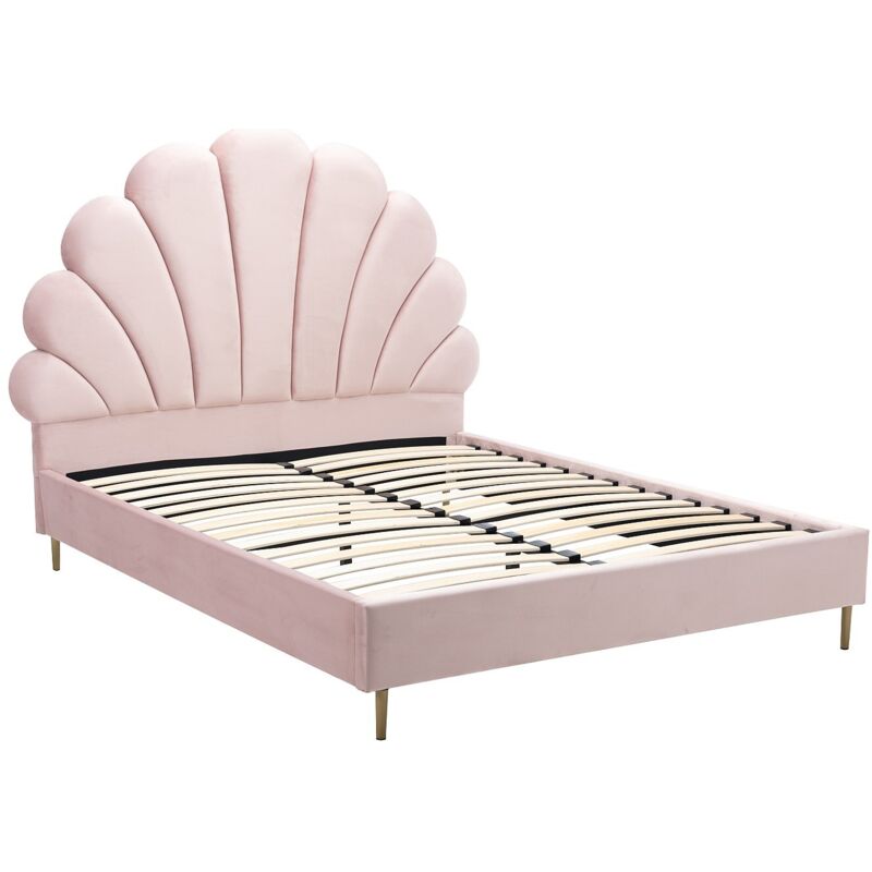 Vente-Unique – Lit coquillage 140 x 190 cm – Velours rose 100 % polyester – Cadre à lattes – Charge max 220 kg – Montage facile