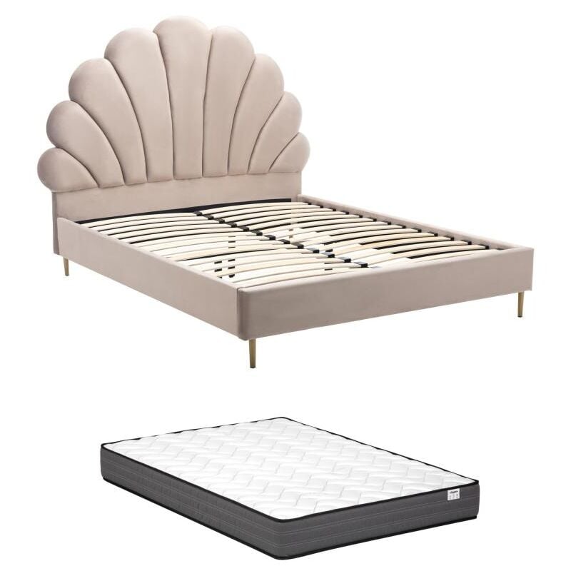 Vente-unique - Lit coquillage 160 x 200 cm - Velours - Beige + Matelas - livaya