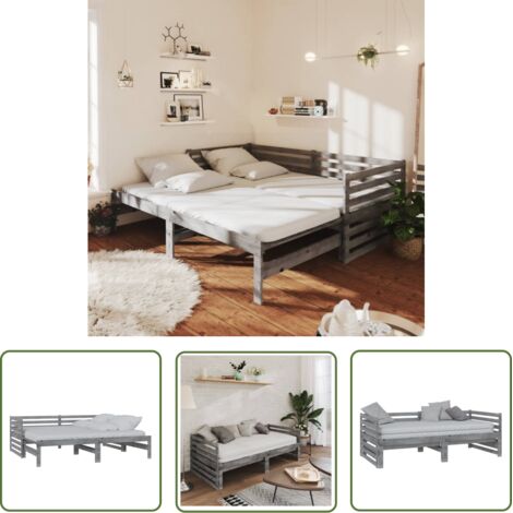 Lit coulissant Gris Bois de pin massif 2x(90x200) cm 2