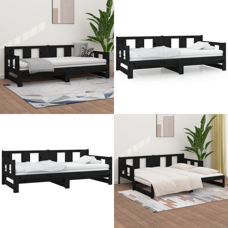 Lit coulissant sans matelas noir bois de pin massif - Lit Plateforme - Lit Convertible - Lit Tiroir - Meuble Multifonction - Canapé Lit - Home &