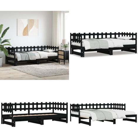 Lit coulissant sans matelas noir 2x(90x190) cm Bois massif - Lit De Jour - Canapé-lit - Lit D'appoint - Lit Convertible - Meuble Multifonction - Home & Living