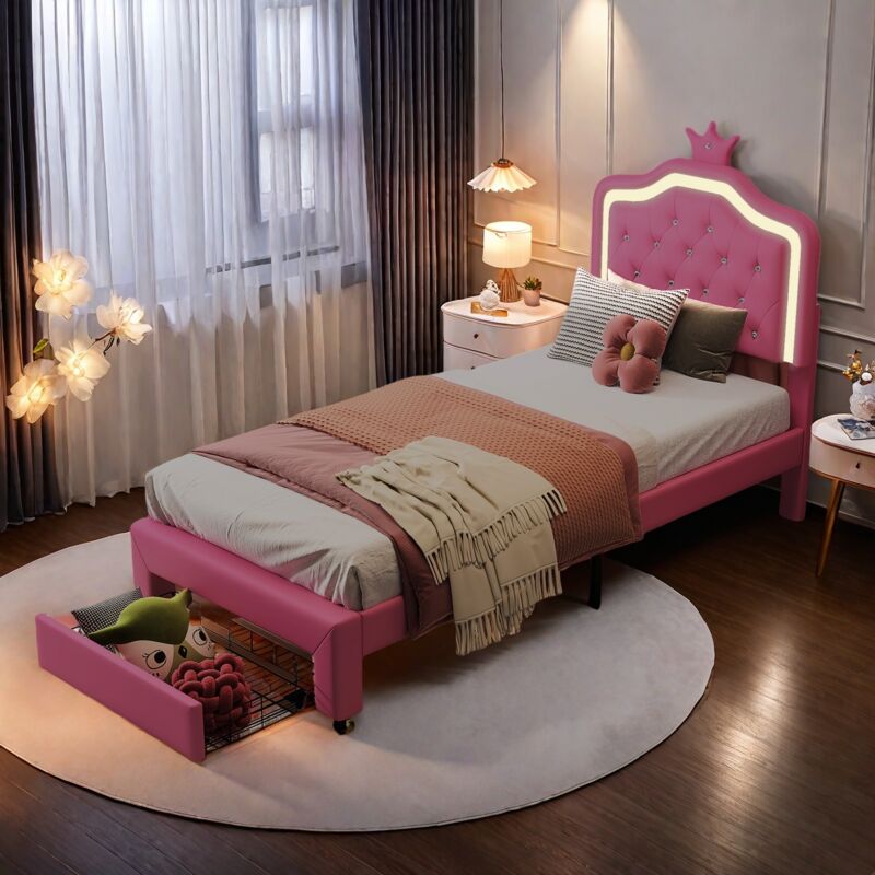 Lit Couronne 90x200 cm, Lit simple pour Enfant, Lit Fille avec Tiroir de Rangement et Lampes LED, Tête de Lit Réglable en Forme de Couronne, PU, Rose