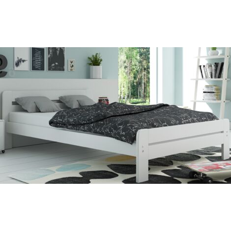 Lit Dallas 148x206, dim.matelas 140x200 Bois Massif, Sommier à Lattes en Bois, Tête de lit , Assemblage FacileSans matelas (blanc)